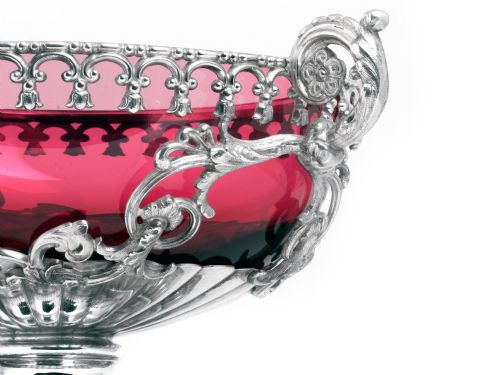 VICTORIAN SILVER PLATED FRUIT BOWL WITH A RUBY GLASS LINER - ADDITIONAL PHOTO 5