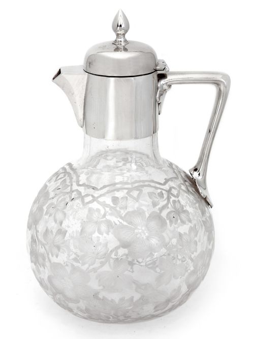 victorian silver plate claret jug with a globe shaped pansy leaf engraved glass body - CATEGORY: ANTIQUE SILVER - DATED 1890
