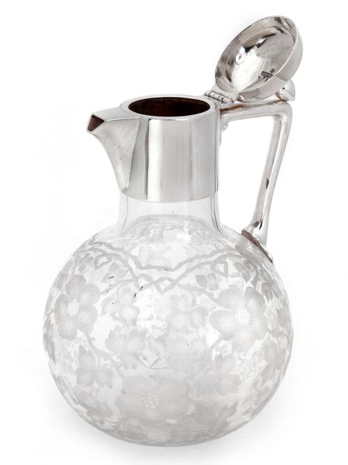 VICTORIAN SILVER PLATE CLARET JUG WITH A GLOBE SHAPED PANSY LEAF ENGRAVED GLASS BODY - ADDITIONAL PHOTO 1