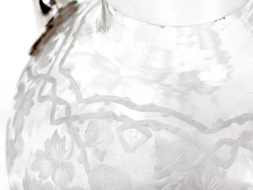 VICTORIAN SILVER PLATE CLARET JUG WITH A GLOBE SHAPED PANSY LEAF ENGRAVED GLASS BODY - ADDITIONAL PHOTO 2