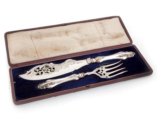 decorative victorian silver plate fish servers engraved with a dolphin and scrolls and foliage - CATEGORY: ANTIQUE SILVER - DATED 1880