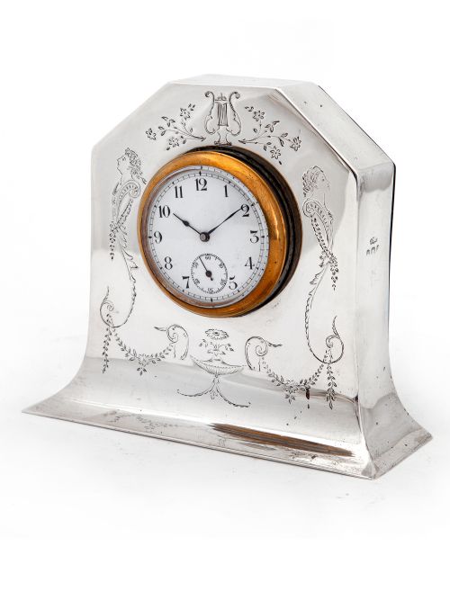 edwardian silver mantle clock with removable working clock - CATEGORY: ANTIQUE CLOCKS - DATED 1900