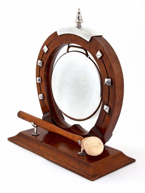 edwardian horse shoe oak and silver plate dinner gong with original mallet - CATEGORY: ANTIQUE SILVER - DATED 1900