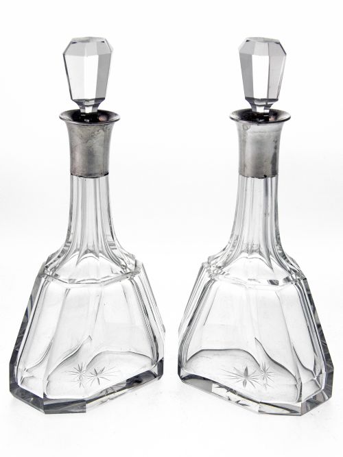 pair of cut glass silver neck liqueur decanters - CATEGORY: ANTIQUE GLASS - DATED 1920