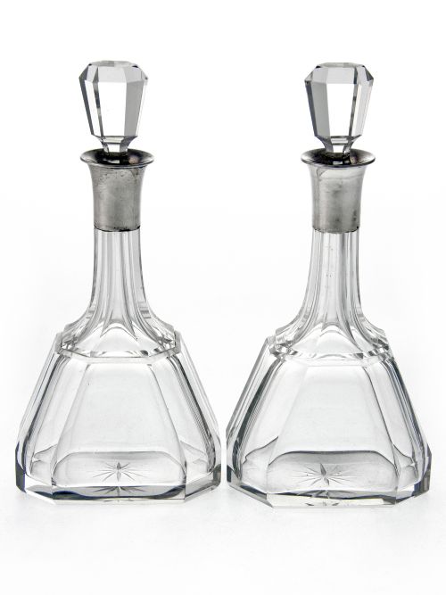 PAIR OF CUT GLASS SILVER NECK LIQUEUR DECANTERS - ADDITIONAL PHOTO 1