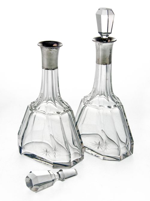 PAIR OF CUT GLASS SILVER NECK LIQUEUR DECANTERS - ADDITIONAL PHOTO 2