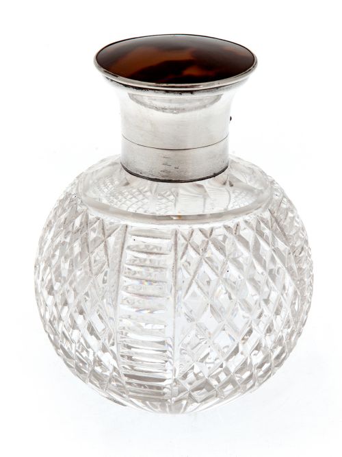 silver and tortoiseshell perfume bottle with cut glass body - CATEGORY: ANTIQUE SILVER - DATED 1920