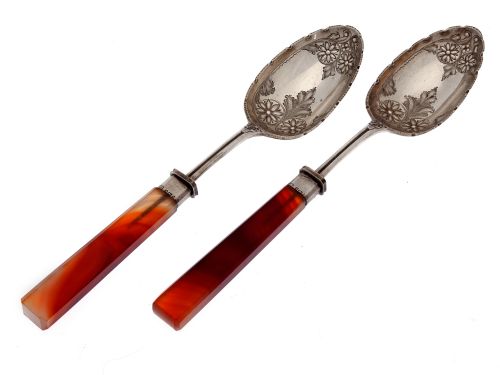 BOXED PAIR OF VICTORIAN SERVERS WITH RED AGATE HANDLES - ADDITIONAL PHOTO 1