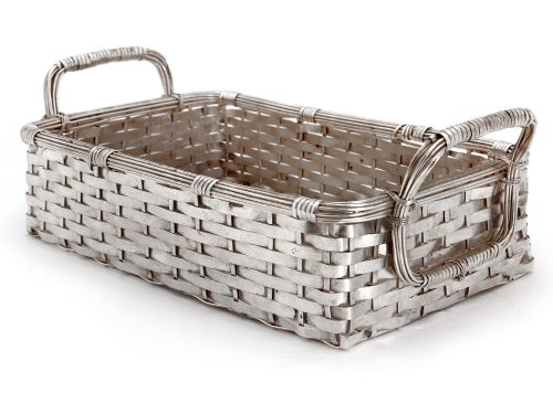 decorative silver plate weave effect basket with two applied reeded handles - CATEGORY: ANTIQUE SILVER - DATED 1930
