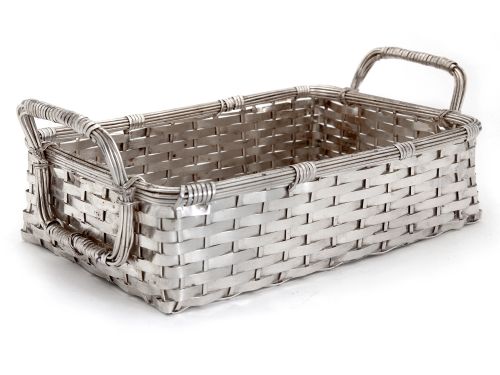 DECORATIVE SILVER PLATE WEAVE EFFECT BASKET WITH TWO APPLIED REEDED HANDLES - ADDITIONAL PHOTO 1
