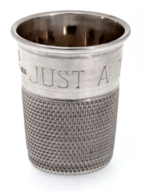 'JUST A THIMBLE FULL' ANTIQUE CHESTER SILVER SPIRIT MEASURE - ADDITIONAL PHOTO 1