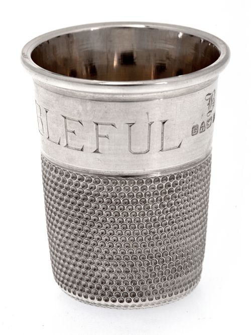 'JUST A THIMBLE FULL' ANTIQUE CHESTER SILVER SPIRIT MEASURE - ADDITIONAL PHOTO 2