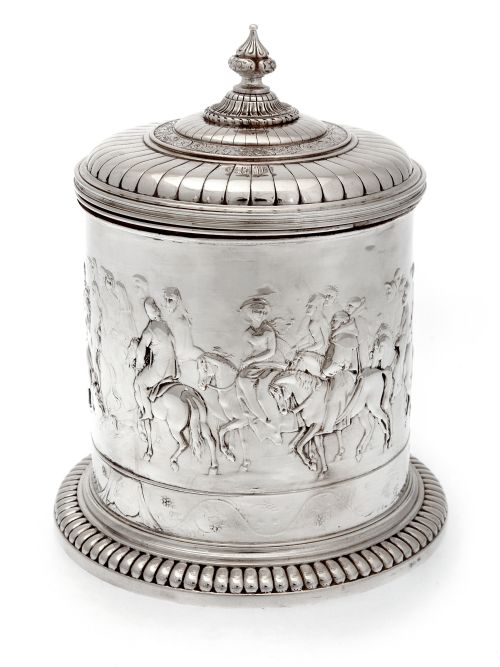 large elkington co silver plate barrel depicting horses and horsemen - CATEGORY: ANTIQUE SILVER - DATED 1880