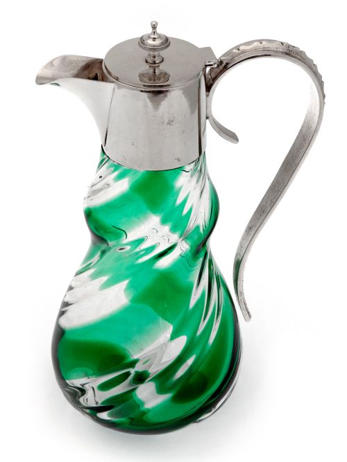 victorian silver plated claret jug with a green and clear spiral glass body - CATEGORY: ANTIQUE SILVER - DATED 1900