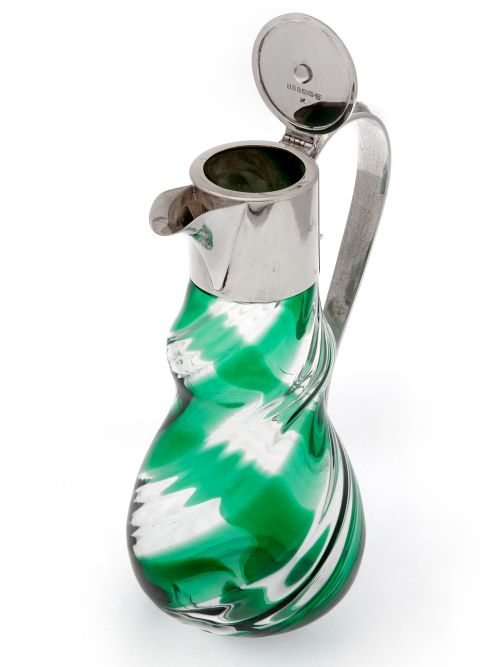 VICTORIAN SILVER PLATED CLARET JUG WITH A GREEN AND CLEAR SPIRAL GLASS BODY - ADDITIONAL PHOTO 1