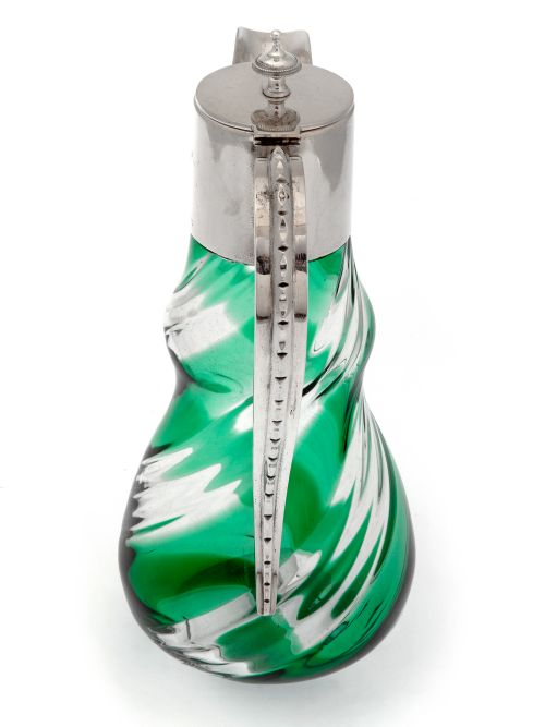 VICTORIAN SILVER PLATED CLARET JUG WITH A GREEN AND CLEAR SPIRAL GLASS BODY - ADDITIONAL PHOTO 2
