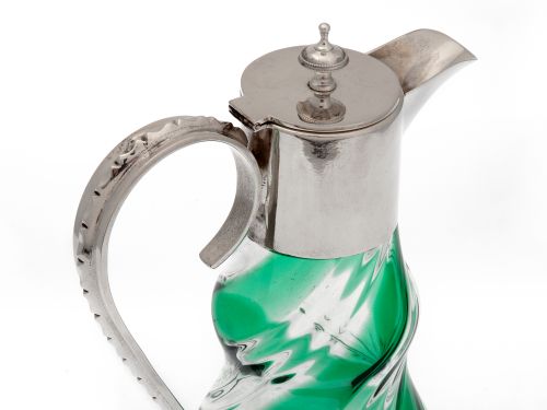 VICTORIAN SILVER PLATED CLARET JUG WITH A GREEN AND CLEAR SPIRAL GLASS BODY - ADDITIONAL PHOTO 3