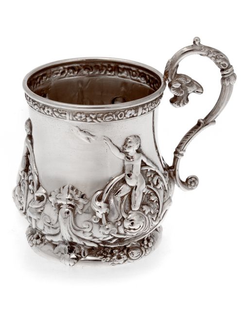 late victorian silver plate christening mug with scenes of children playing - CATEGORY: ANTIQUE SILVER - DATED 1890