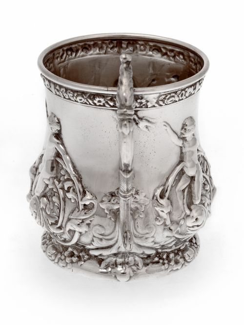 LATE VICTORIAN SILVER PLATE CHRISTENING MUG WITH SCENES OF CHILDREN PLAYING - ADDITIONAL PHOTO 1