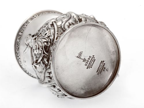 LATE VICTORIAN SILVER PLATE CHRISTENING MUG WITH SCENES OF CHILDREN PLAYING - ADDITIONAL PHOTO 4