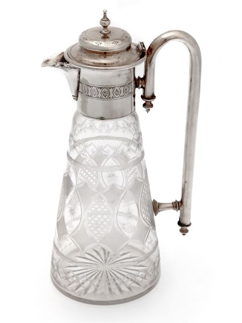 victorian silver plated claret jug with an unusual long curved tubular handle - CATEGORY: ANTIQUE SILVER - DATED 1890