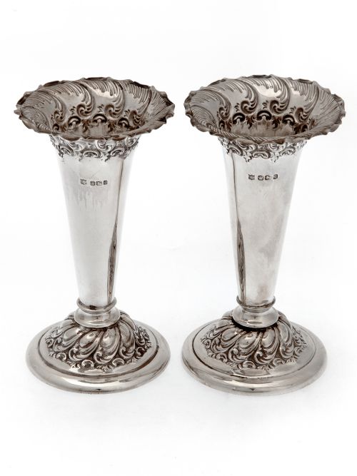 pair of victorian silver flower vases with plain bodies and a trumpet shaped neck - CATEGORY: ANTIQUE SILVER - DATED 1890