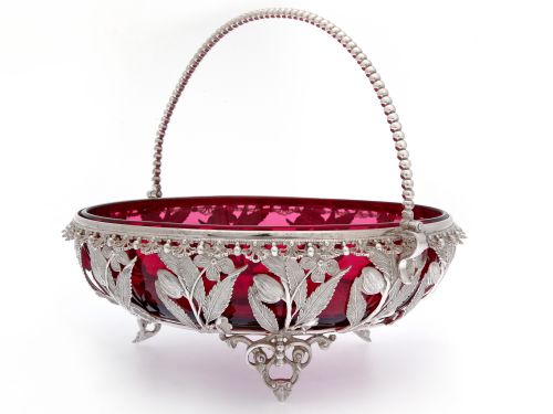 victorian silver plated basket with a cranberry red glass liner and beaded swing handle - CATEGORY: ANTIQUE SILVER - DATED 1890