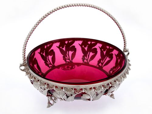 VICTORIAN SILVER PLATED BASKET WITH A CRANBERRY RED GLASS LINER AND BEADED SWING HANDLE - ADDITIONAL PHOTO 1