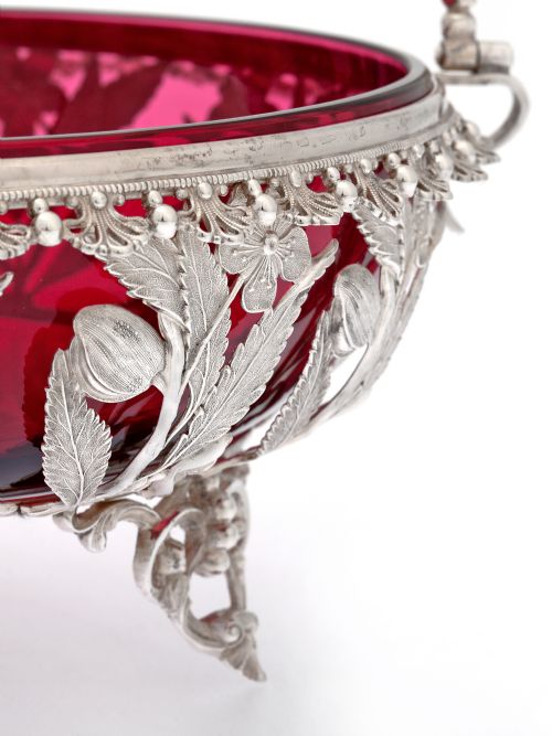 VICTORIAN SILVER PLATED BASKET WITH A CRANBERRY RED GLASS LINER AND BEADED SWING HANDLE - ADDITIONAL PHOTO 2
