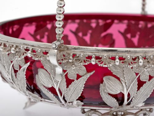 VICTORIAN SILVER PLATED BASKET WITH A CRANBERRY RED GLASS LINER AND BEADED SWING HANDLE - ADDITIONAL PHOTO 3