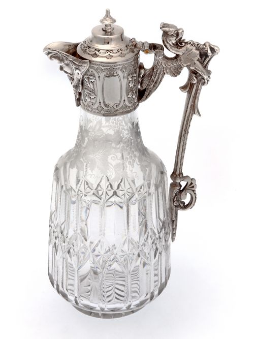 victorian silver plate claret jug with a bacchus mask spout and cast gargoyle handle - CATEGORY: ANTIQUE SILVER - DATED 1890