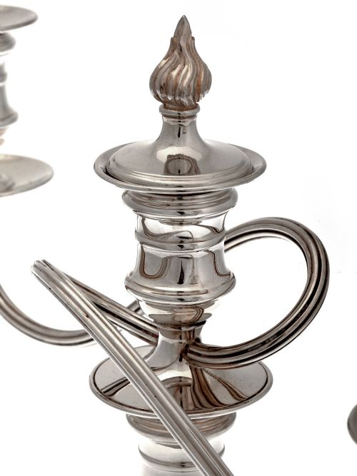 PAIR OF GEORGE II STYLE SILVER CANDELABRA WITH DETACHABLE THREE LIGHT BRANCHES - ADDITIONAL PHOTO 3
