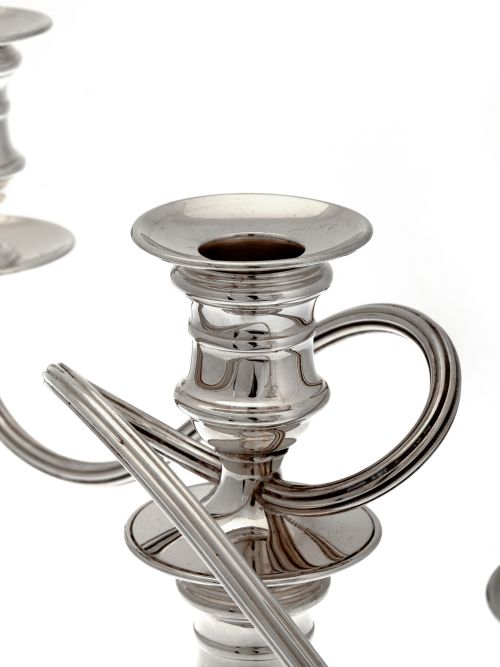 PAIR OF GEORGE II STYLE SILVER CANDELABRA WITH DETACHABLE THREE LIGHT BRANCHES - ADDITIONAL PHOTO 4