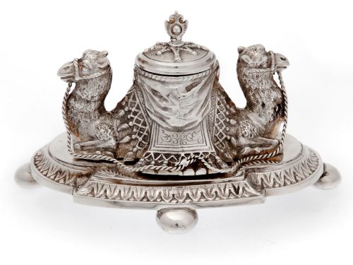 silver plated ink stand featuring two back to back camels - CATEGORY: ANTIQUE SILVER - DATED 1870