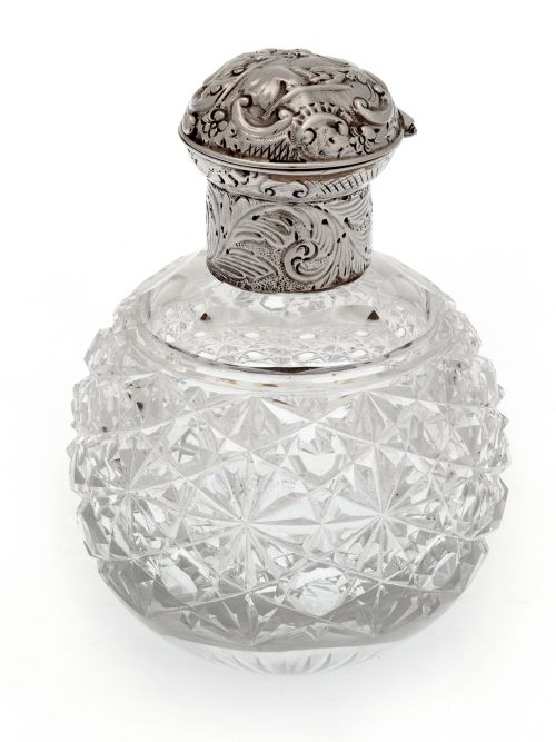 large victorian silver topped perfume bottle decorated with scrolls and figures - CATEGORY: ANTIQUE SILVER - DATED 1880