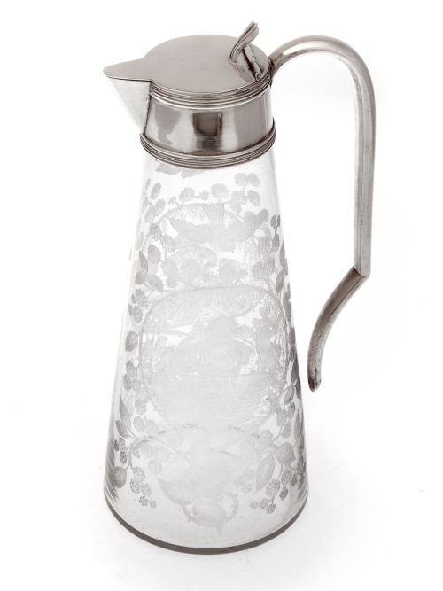 silver plated claret jug with plain mount and acid etched with grape picking scenes - CATEGORY: ANTIQUE SILVER - DATED 1890
