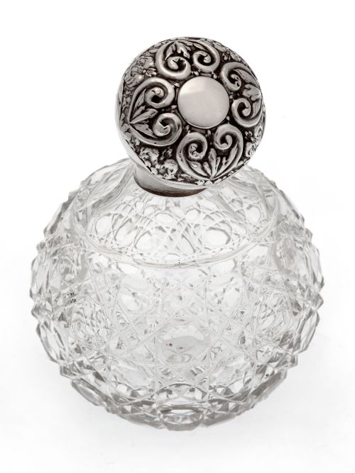 PAIR OF LARGE GLOBE SHAPED SILVER TOP PERFUME BOTTLES WITH HOB CUT GLASS BODIES - ADDITIONAL PHOTO 2