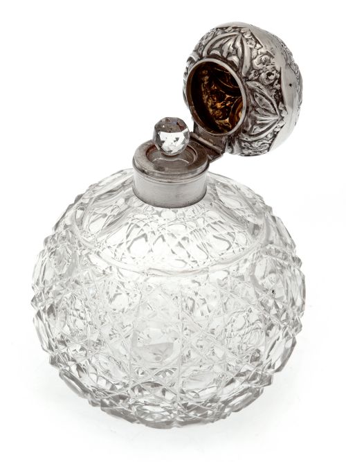 PAIR OF LARGE GLOBE SHAPED SILVER TOP PERFUME BOTTLES WITH HOB CUT GLASS BODIES - ADDITIONAL PHOTO 3