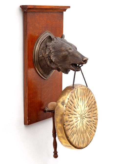 bronze bear head wall mounted gong with a circular brass gong - CATEGORY: ANTIQUE MISCELLANEOUS - DATED 1900