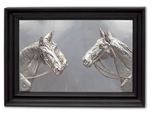 silver plated framed relief of two horse heads - CATEGORY: ANTIQUE SILVER - DATED 1900