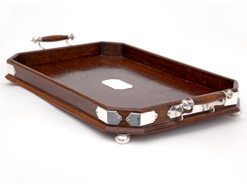 edwardian polished oak cut corner gallery tray with silver plated mounts - CATEGORY: ANTIQUE MISCELLANEOUS - DATED 1910