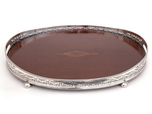 oval silver plate and mahogany gallery tray - CATEGORY: ANTIQUE SILVER - DATED 1890