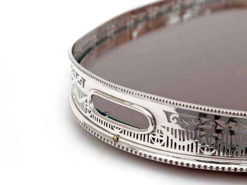 OVAL SILVER PLATE AND MAHOGANY GALLERY TRAY - ADDITIONAL PHOTO 2