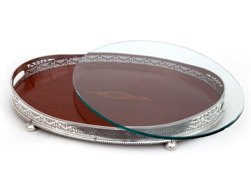 OVAL SILVER PLATE AND MAHOGANY GALLERY TRAY - ADDITIONAL PHOTO 3
