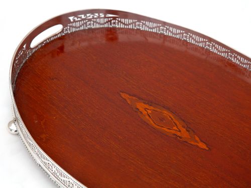 OVAL SILVER PLATE AND MAHOGANY GALLERY TRAY - ADDITIONAL PHOTO 4