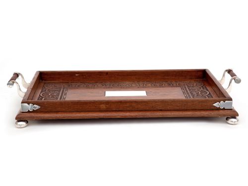 edwardian oak and silver plate gallery tray carved with sunflowers and three leaf clover - CATEGORY: ANTIQUE MISCELLANEOUS - DATED 1910