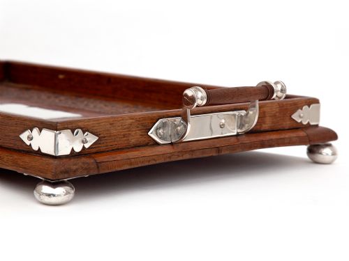 EDWARDIAN OAK AND SILVER PLATE GALLERY TRAY CARVED WITH SUNFLOWERS AND THREE LEAF CLOVER - ADDITIONAL PHOTO 1