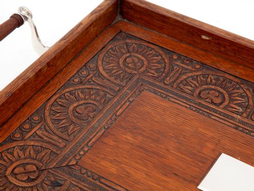 EDWARDIAN OAK AND SILVER PLATE GALLERY TRAY CARVED WITH SUNFLOWERS AND THREE LEAF CLOVER - ADDITIONAL PHOTO 2