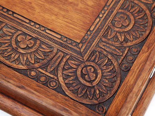 EDWARDIAN OAK AND SILVER PLATE GALLERY TRAY CARVED WITH SUNFLOWERS AND THREE LEAF CLOVER - ADDITIONAL PHOTO 3