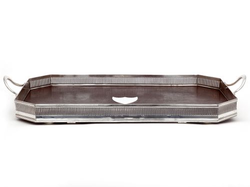 victorian cut corner john grinsell son oak and silver plate gallery tray - CATEGORY: ANTIQUE SILVER - DATED 1890